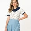 Moon Collection Sale Ivory & Llama Print Navy Collar Blouse