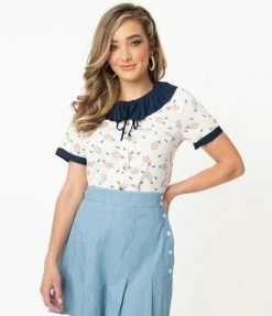 Moon Collection Sale Ivory & Llama Print Navy Collar Blouse