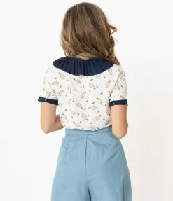 Moon Collection Sale Ivory & Llama Print Navy Collar Blouse
