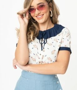 Moon Collection Sale Ivory & Llama Print Navy Collar Blouse