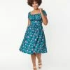 Unique Vintage Teal & Camping Print Valencia Swing Dress Sale