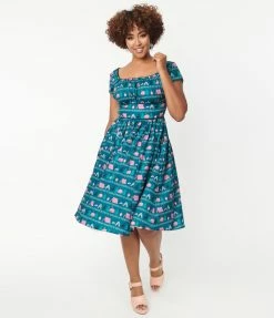 Unique Vintage Teal & Camping Print Valencia Swing Dress Sale