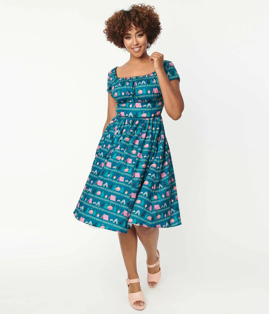Unique Vintage Teal & Camping Print Valencia Swing Dress Sale