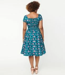 Unique Vintage Teal & Camping Print Valencia Swing Dress Sale