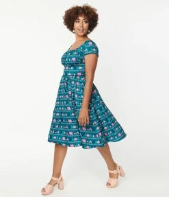 Unique Vintage Teal & Camping Print Valencia Swing Dress Sale