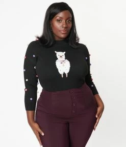 Unique Vintage Plus Size Black Alpaca Pom Poms Autumn Sweater