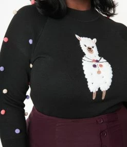 Unique Vintage Plus Size Black Alpaca Pom Poms Autumn Sweater