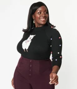 Unique Vintage Plus Size Black Alpaca Pom Poms Autumn Sweater