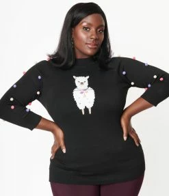 Unique Vintage Plus Size Black Alpaca Pom Poms Autumn Sweater