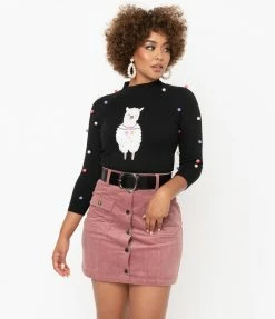 Unique Vintage Black Alpaca Pom Poms Autumn Sweater Sale