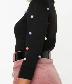 Unique Vintage Black Alpaca Pom Poms Autumn Sweater Sale