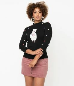 Unique Vintage Black Alpaca Pom Poms Autumn Sweater Sale