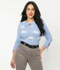 Sale Unique Vintage Chambray & Cloud Print Swoosie Sweater
