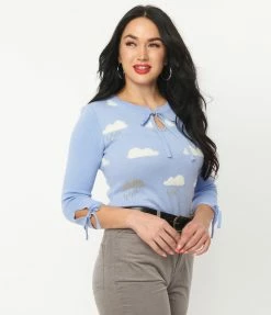 Sale Unique Vintage Chambray & Cloud Print Swoosie Sweater