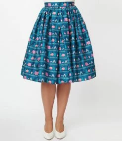Sale Unique Vintage Teal & Camping Print Swing Skirt