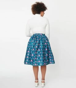 Sale Unique Vintage Teal & Camping Print Swing Skirt