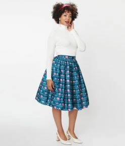 Sale Unique Vintage Teal & Camping Print Swing Skirt