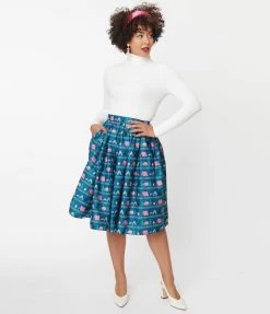 Sale Unique Vintage Teal & Camping Print Swing Skirt