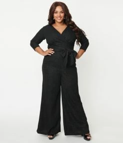 Unique Vintage Plus Size Black Marled Knit Sparkle Gloria Jumpsuit