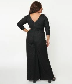 Unique Vintage Plus Size Black Marled Knit Sparkle Gloria Jumpsuit