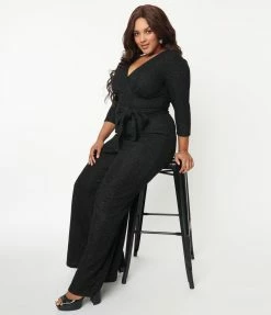 Unique Vintage Plus Size Black Marled Knit Sparkle Gloria Jumpsuit