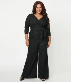 Unique Vintage Plus Size Black Marled Knit Sparkle Gloria Jumpsuit