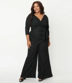 Unique Vintage Plus Size Black Marled Knit Sparkle Gloria Jumpsuit