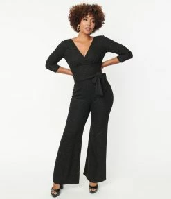 Unique Vintage Black Marled Knit Sparkle Gloria Jumpsuit Clothing