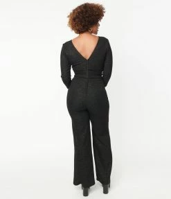 Unique Vintage Black Marled Knit Sparkle Gloria Jumpsuit Clothing