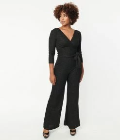 Unique Vintage Black Marled Knit Sparkle Gloria Jumpsuit Clothing