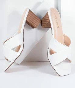 In Touch Footwear White Leatherette Slip On Block Heel Sandals