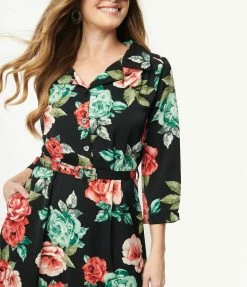 Lifestyle Group (UK) Ltd Black & Red Rose Print Swing Dress