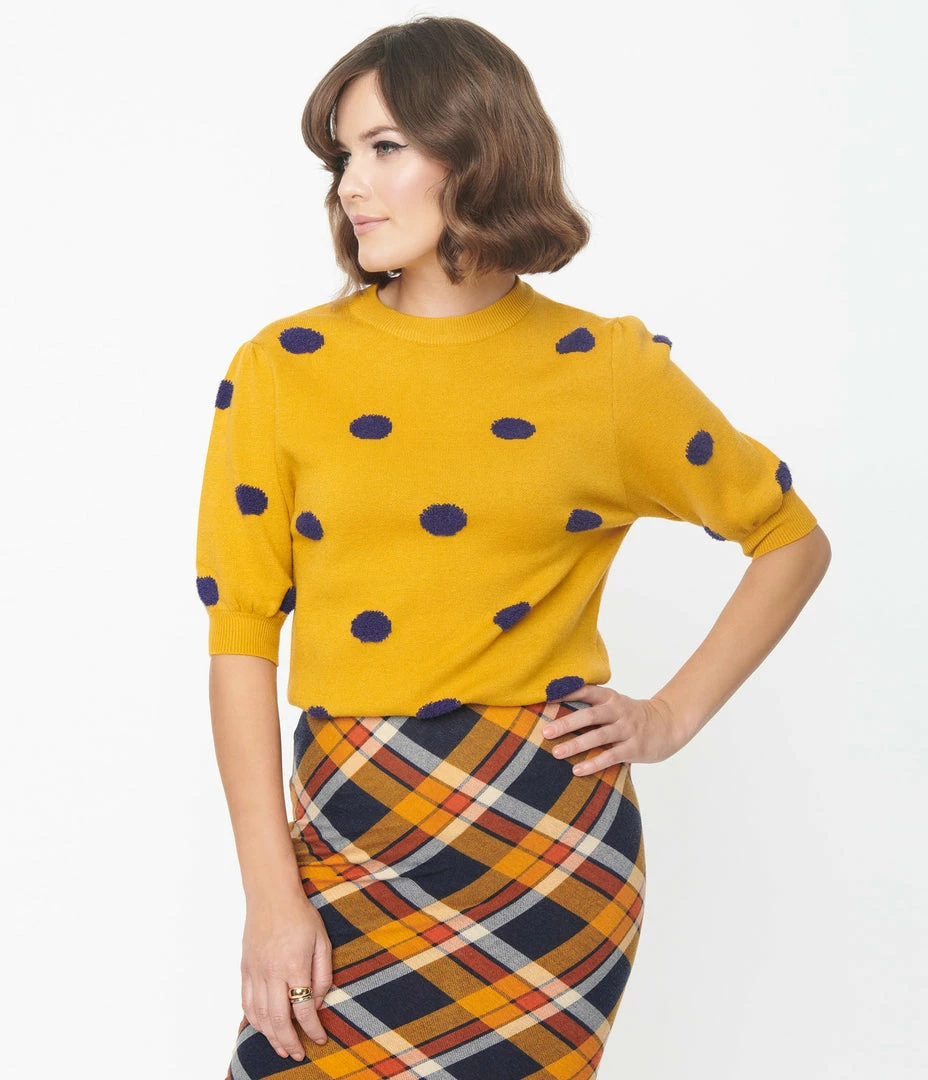 Compania Fantastica Sale Mustard & Navy Fuzzy Polka Dot Sweater