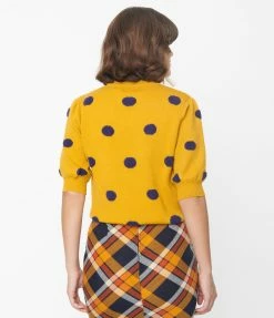 Compania Fantastica Sale Mustard & Navy Fuzzy Polka Dot Sweater