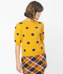 Compania Fantastica Sale Mustard & Navy Fuzzy Polka Dot Sweater
