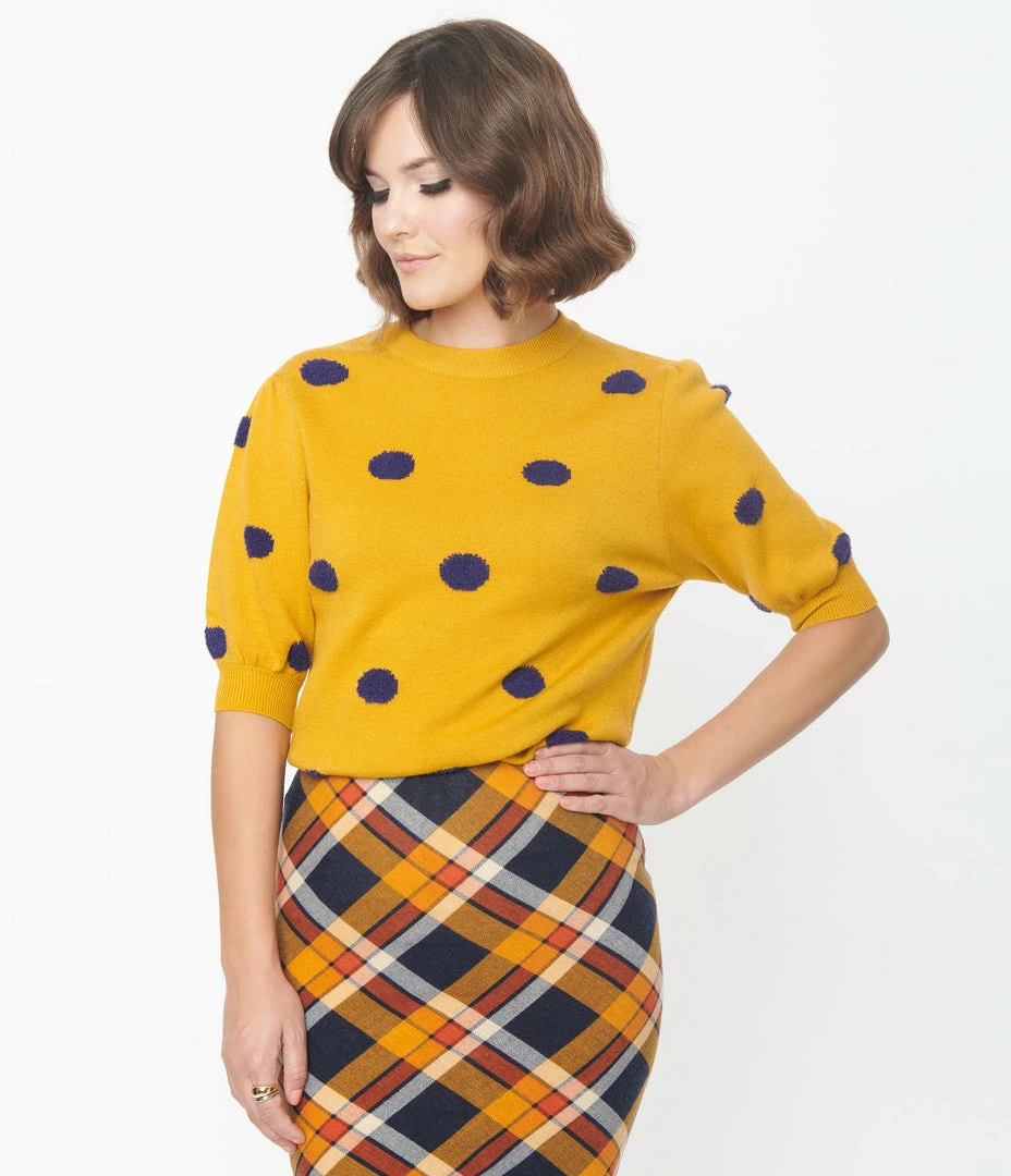 Compania Fantastica Sale Mustard & Navy Fuzzy Polka Dot Sweater