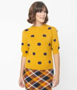 Compania Fantastica Sale Mustard & Navy Fuzzy Polka Dot Sweater