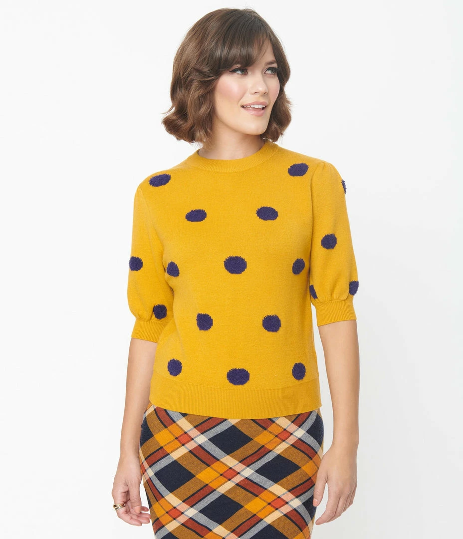 Compania Fantastica Sale Mustard & Navy Fuzzy Polka Dot Sweater