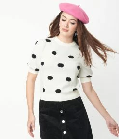 Compania Fantastica Ivory & Black Fuzzy Polka Dot Sweater