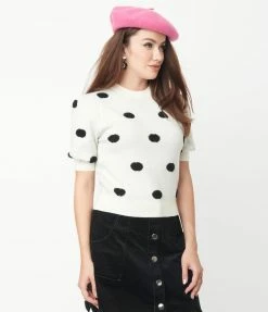 Compania Fantastica Ivory & Black Fuzzy Polka Dot Sweater