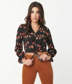 Compania Fantastica Sale Black & Red Mushroom Print Tie Crop Top
