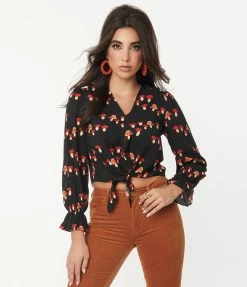 Compania Fantastica Sale Black & Red Mushroom Print Tie Crop Top