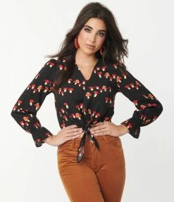 Compania Fantastica Sale Black & Red Mushroom Print Tie Crop Top