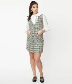 Compania Fantastica Sale Olive & Brown Gingham Pinafore Mini Dress