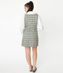 Compania Fantastica Sale Olive & Brown Gingham Pinafore Mini Dress