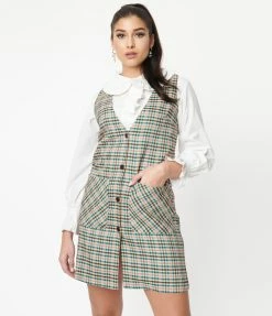 Compania Fantastica Sale Olive & Brown Gingham Pinafore Mini Dress
