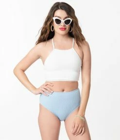 Hangzhou Fuyang Yifeng CO.,LTD White & Light Blue Seersucker Two Piece Swimsuit