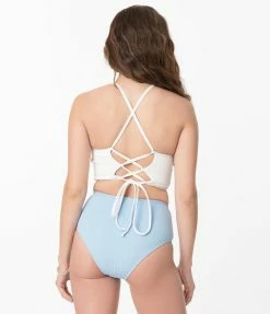 Hangzhou Fuyang Yifeng CO.,LTD White & Light Blue Seersucker Two Piece Swimsuit