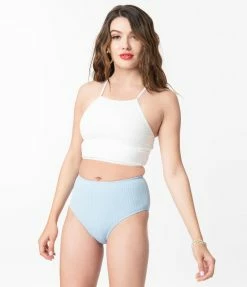 Hangzhou Fuyang Yifeng CO.,LTD White & Light Blue Seersucker Two Piece Swimsuit