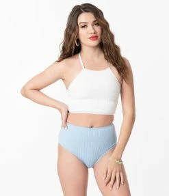 Hangzhou Fuyang Yifeng CO.,LTD White & Light Blue Seersucker Two Piece Swimsuit